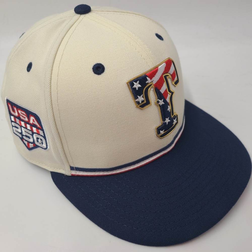 Texas Rangers Hat Fitted 7 1/4 New Era 59Fifty Cream Blue MLB USA 250 Patch Men